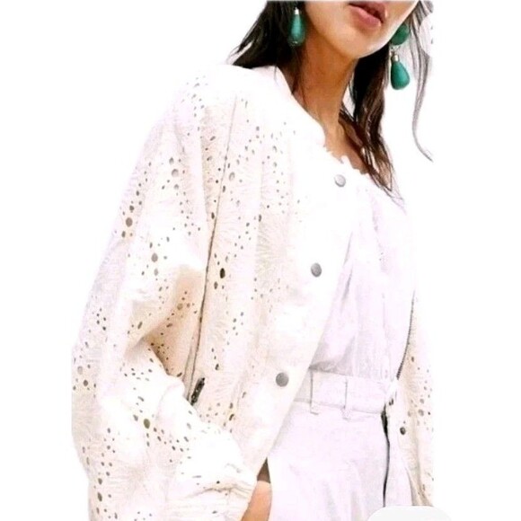 Free People Womens Cream Cotton Daisy Jane Long Sleeve Bomber Jacket Size Medium - Picture 3 of 13